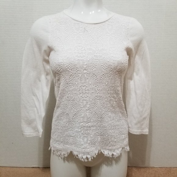J.Crew top Small Crochet Lace-Front Tee crew neck slub knit 100% cotton 58195 - Picture 1 of 16